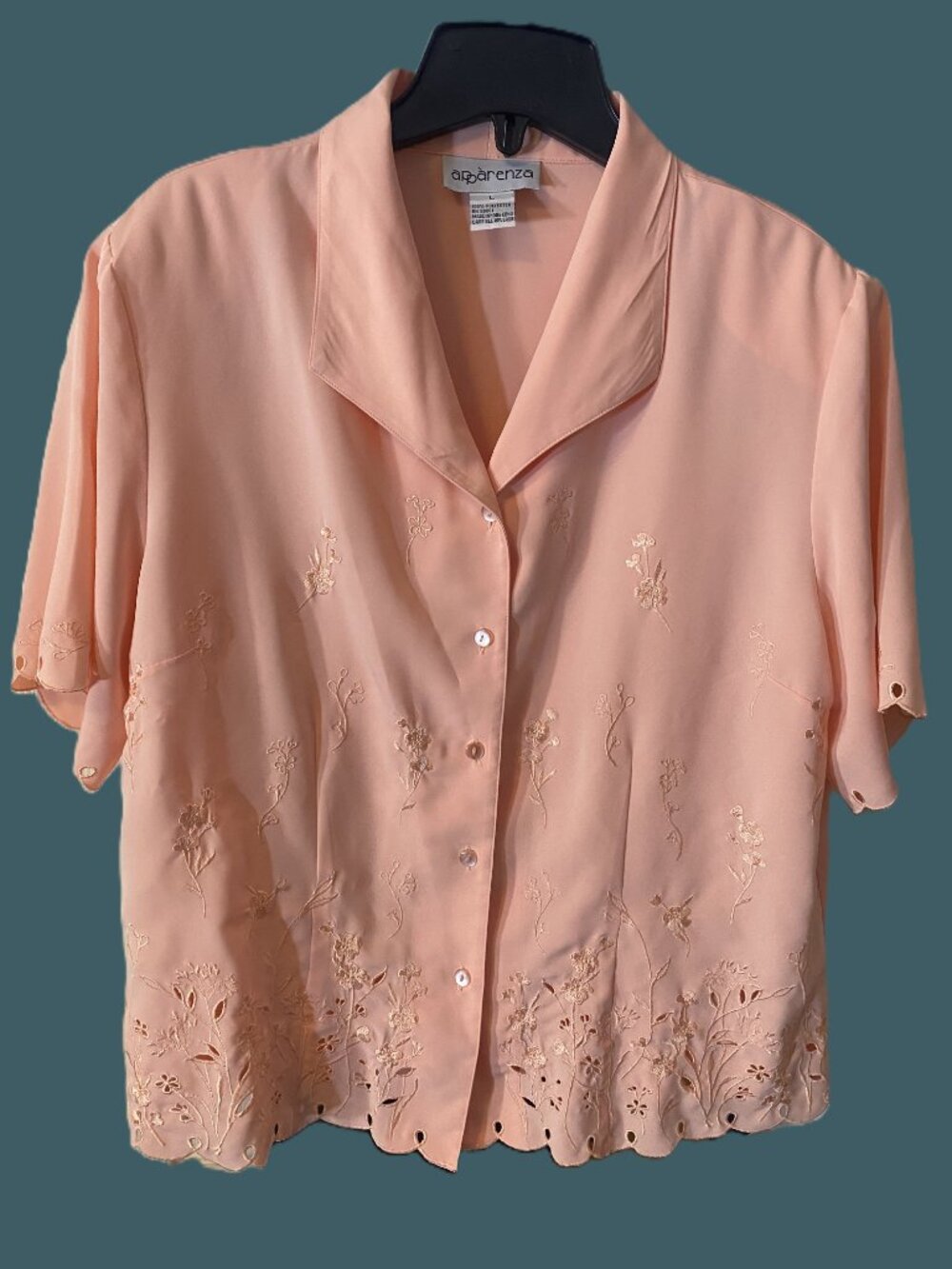 Vintage 80s Apparenza Peach-Pink Embroidered Eyelet Floral Short Sleeve Blouse L